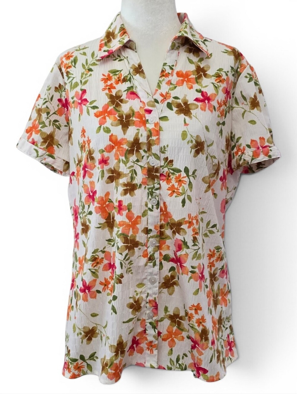 Rebecca Malone White, Orange Floral Print Button-Down Shirt